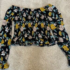 Girls' Floral Off-Shoulder Long Sleeve Top — Black with Mustard & Teal Flowers
